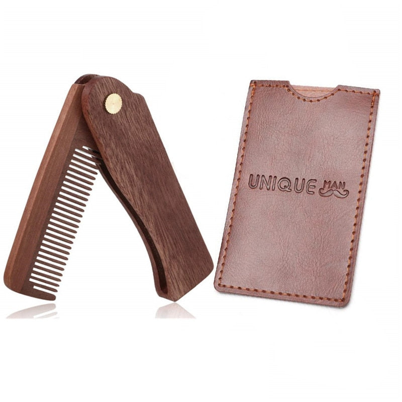 Wooden Beard Comb with Leather Case