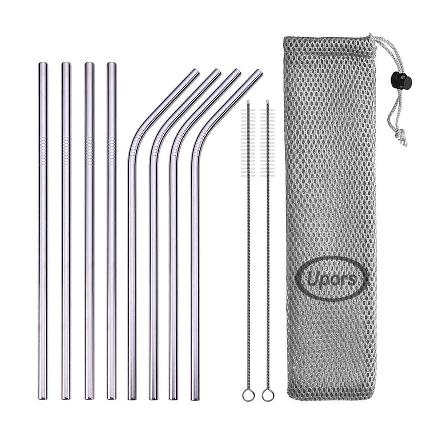 Stainless Steel Reusable Straws - Straight or Bent with Cleaner Brush