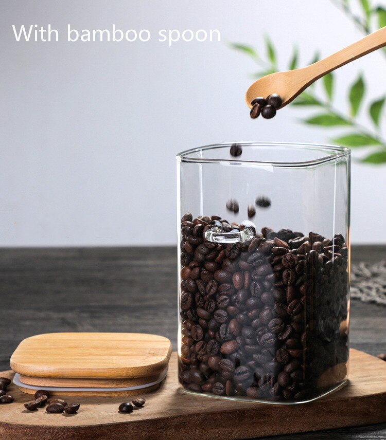 Square Glass Storage Jar with Bamboo Lid & Spoon