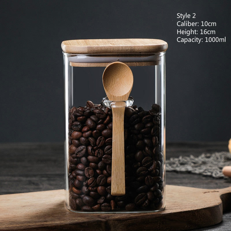 Square Glass Storage Jar with Bamboo Lid & Spoon