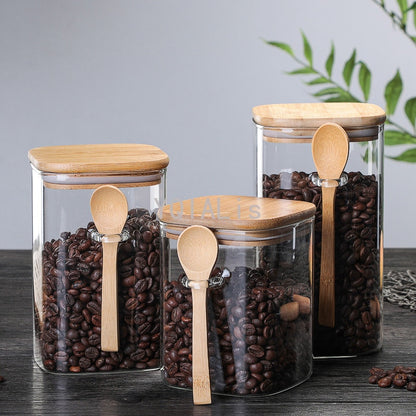 Square Glass Storage Jar with Bamboo Lid & Spoon